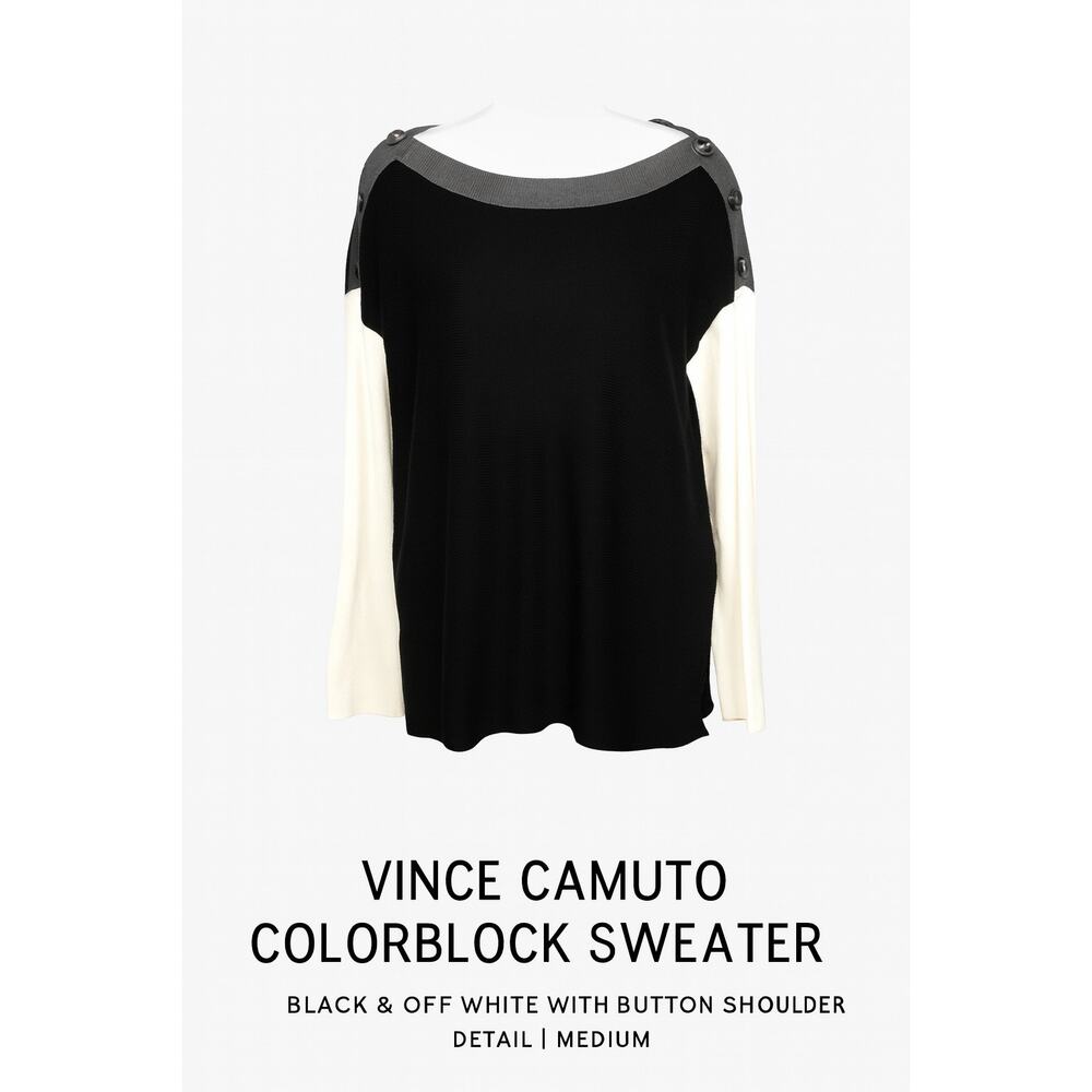 Vince Camuto Women’s Medium Colorblock Sweater Black Off White Button Shoulder